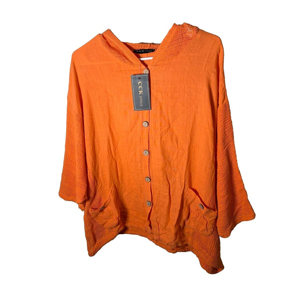 CCK Style Sweatshirt Women's Medium Orange Oversized Button Lagenlook Knit